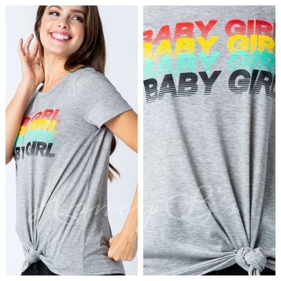 "Baby Girl" Retro Tie Front Graphic Gray T-Shirt - Picture 2 of 3
